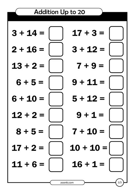 adding within 20 worksheet|Addition to 20 Worksheet .